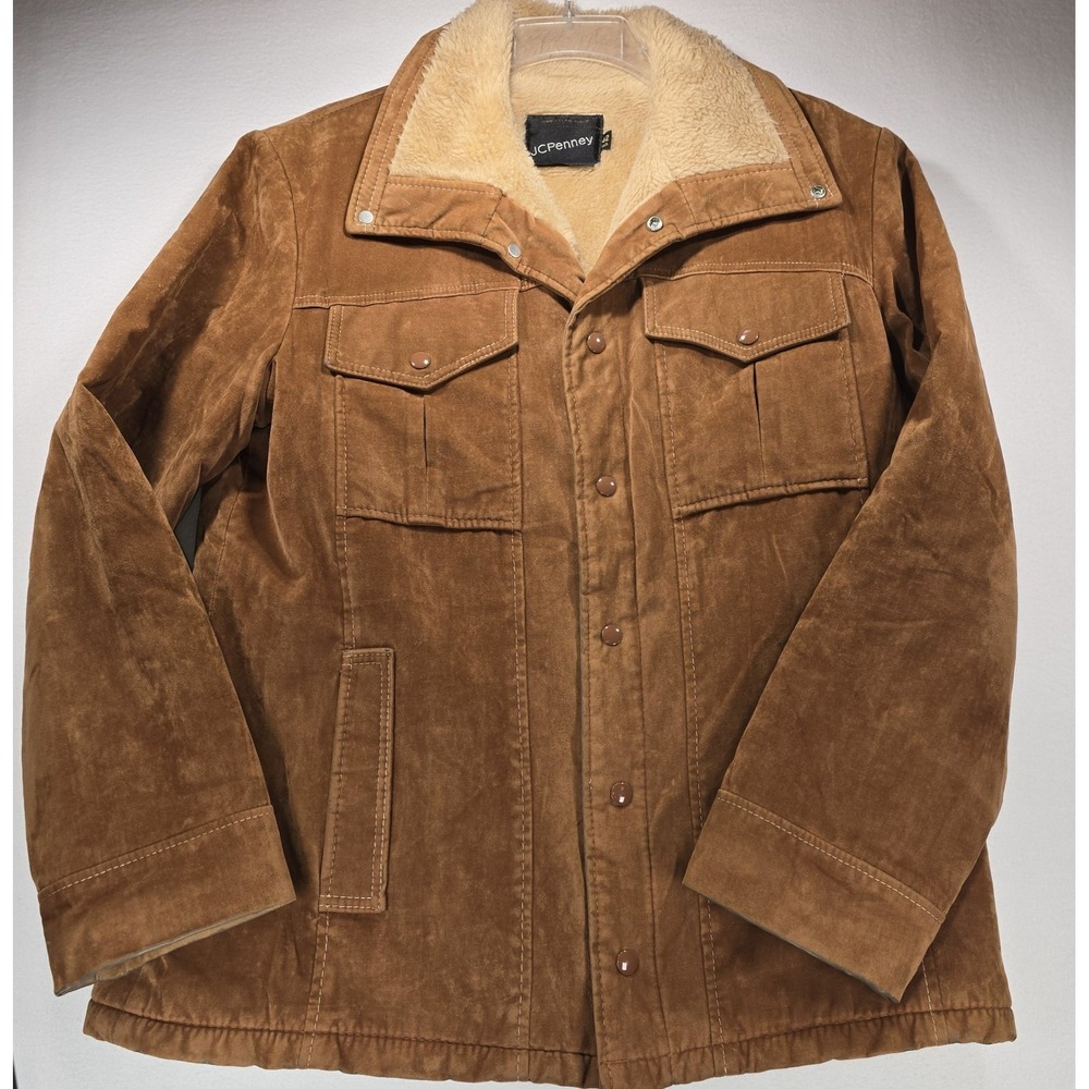 Vintage JCPenney Faux Suede Sherpa Lined Rancher Jacket Brown Mens 42 2381 D